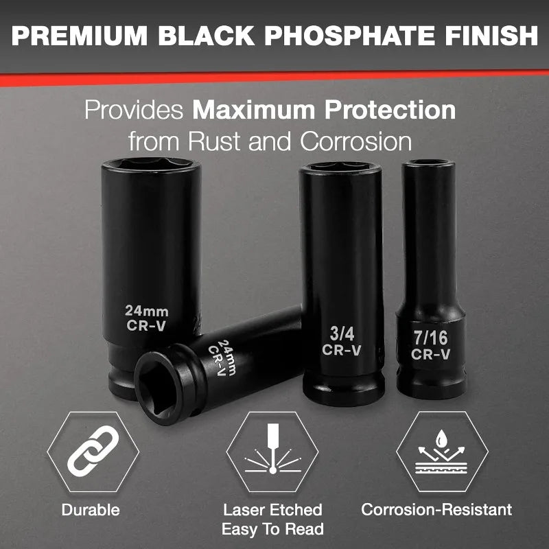 29pcs 1/2" Socket Set, Drive Deep Impact Socket Set, Including 3 ", 5", 10" Impact Extension Bar, Standard SAE (3/8 "- 1")