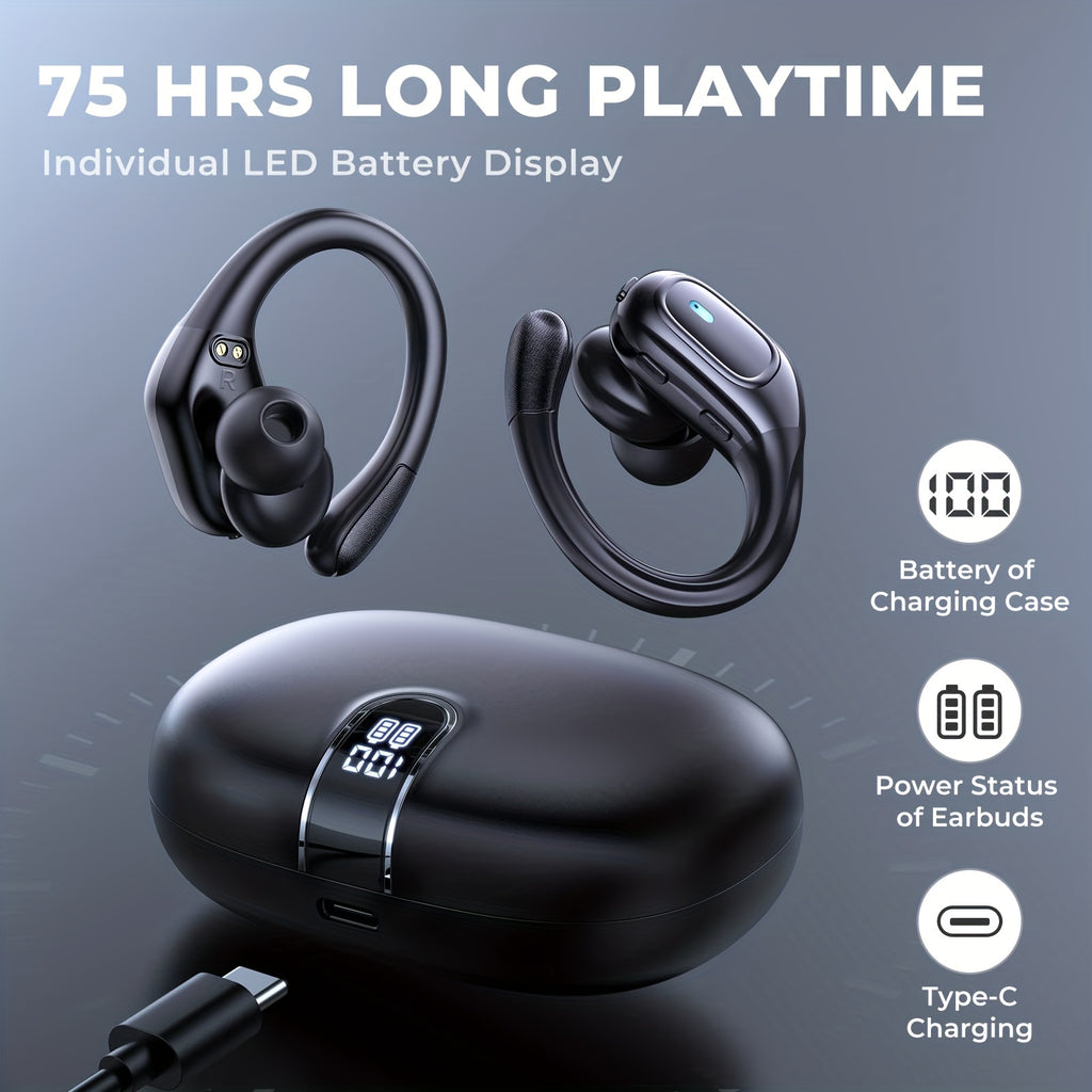 LIFEBEE New Wireless Earphones, Wireless Earbuds for Running Sports, Stereo Audio LED Display, ENC Noise Cancelling Headset Built-in Mic Over-Ear Headphones Earphones with Earhooks