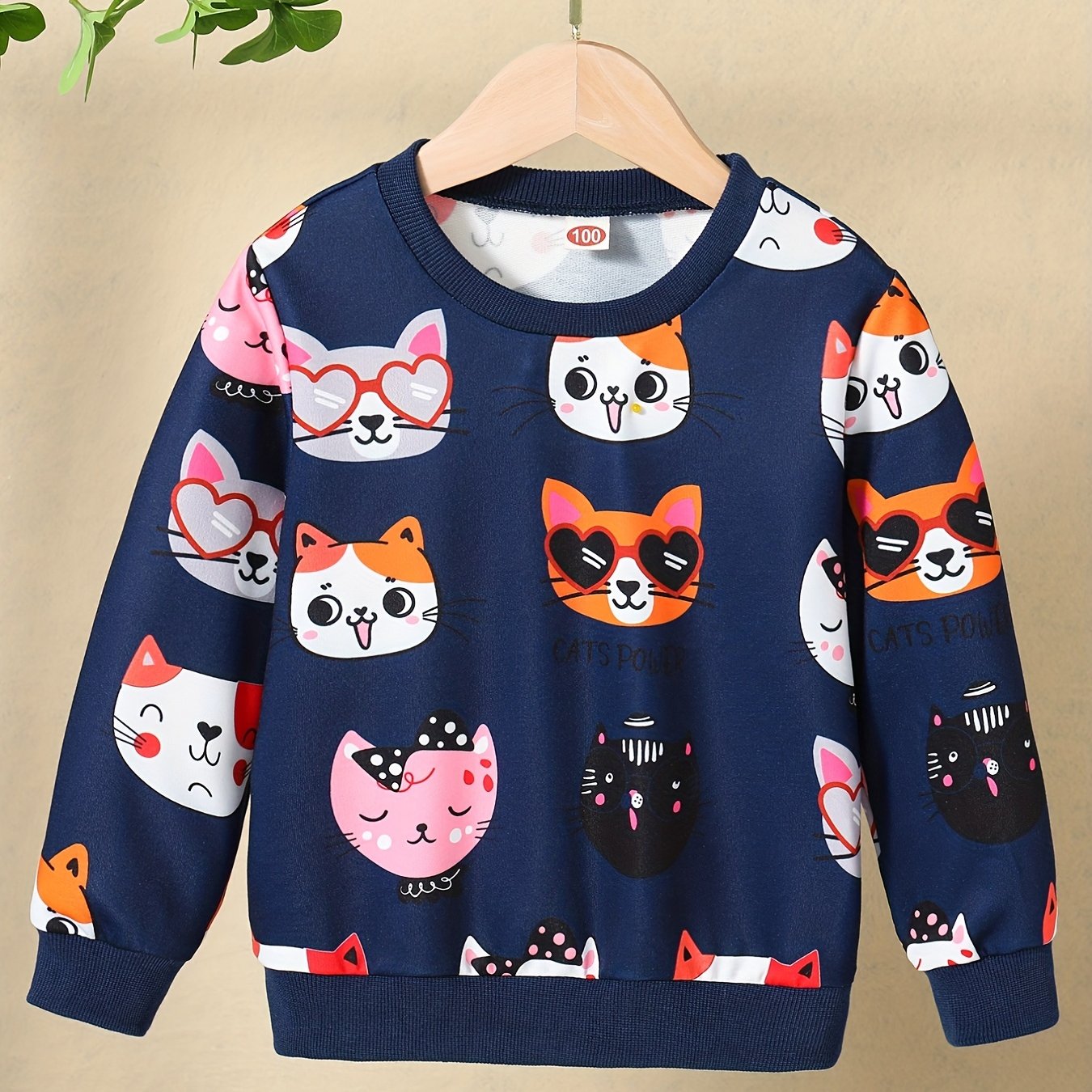 HWMFSNHFZ Girls' Lightweight Long Sleeve Cartoon Cat Print Sweatshirt - Soft Pink Crew Neck Casual Pullover for Spring & Fall, All-Season Comfort, Cute Sweaters