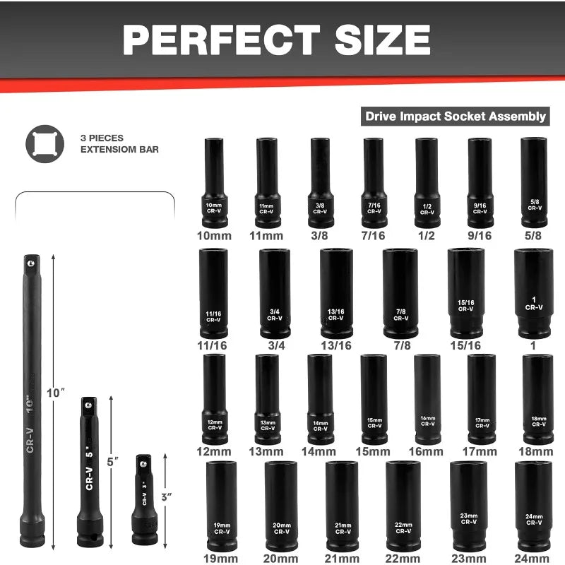 29pcs 1/2" Socket Set, Drive Deep Impact Socket Set, Including 3 ", 5", 10" Impact Extension Bar, Standard SAE (3/8 "- 1")