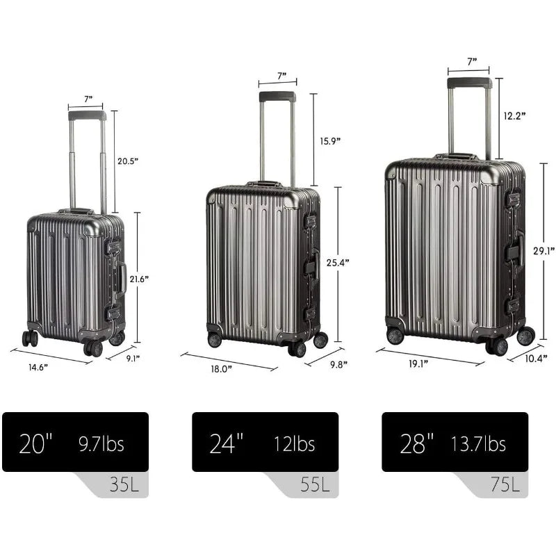 All Aluminum Carry On Luggage With TSA Locks Fashion Cool Metal Hard Shell Spinner Suitcase (Grey, 20 Inch)
