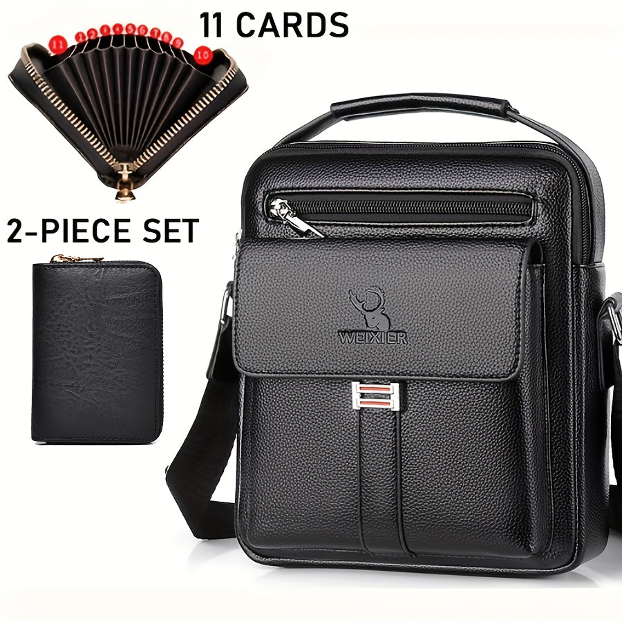 [Vintage Business Bag] WEIXIER Men's Vintage Business Casual Adjustable Shoulder Bag - Multiple Compartments, Zippered Pockets, Compact Design, Black, Secure Zip Closure, Small Crossbody Bag