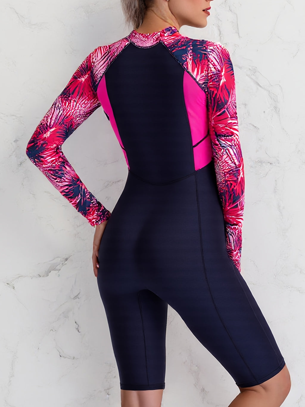 Colorblock Long Sleeves One-Piece Swimsuit Women, Zip Front Rash Guard Round Neck Tummy Control Bathing Suit, Women's Swimwear & Clothing