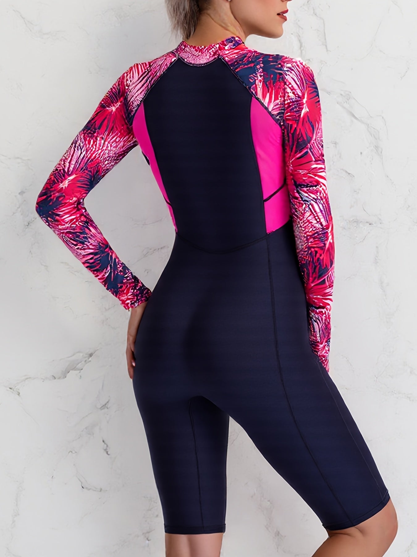 Colorblock Long Sleeves One-Piece Swimsuit Women, Zip Front Rash Guard Round Neck Tummy Control Bathing Suit, Women's Swimwear & Clothing