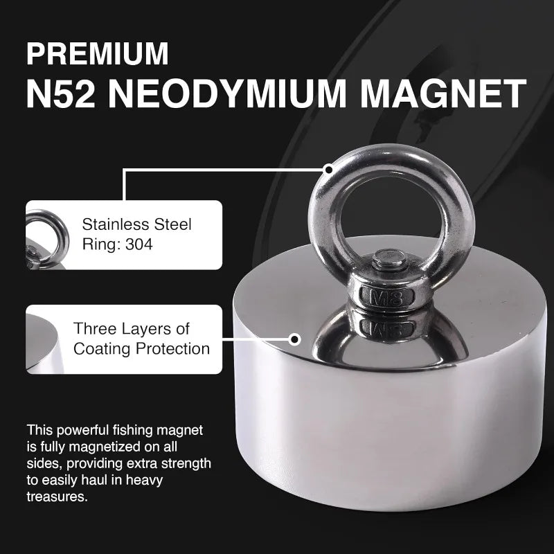2000lb Strong 360 Degree Fishing Magnet For Magnetic Fishing, Strong Heavy Duty Neodymium N52 Magnets For Salvage Treasure