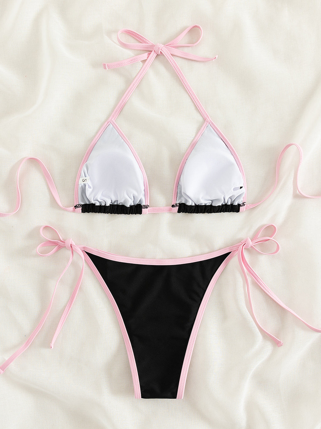 Contrast Trim Tie Side 2 Piece Bikini Swimsuit, Triangle Halter Tie Back Neck Stretchy Beachwear, Cute & Sexy, Women's Swimwear & Clothing