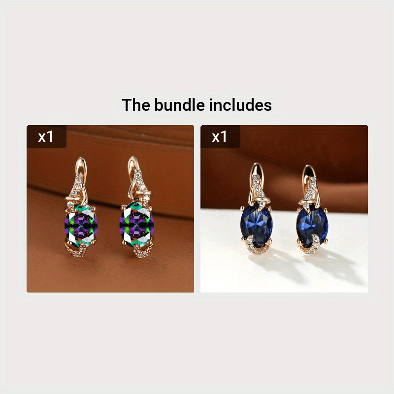 18K Gold Plated Blue Stone Stud Earrings Trendy Women Round Oval Cut White Blue Red Pink Stone Drop Earrings Anniversary Claw Earrings Jewelry