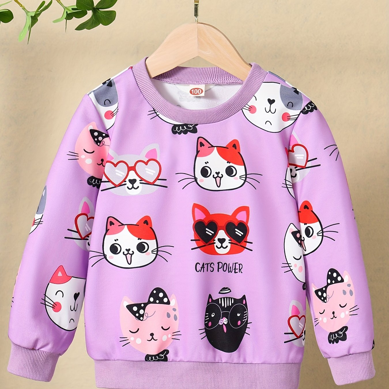 HWMFSNHFZ Girls' Lightweight Long Sleeve Cartoon Cat Print Sweatshirt - Soft Pink Crew Neck Casual Pullover for Spring & Fall, All-Season Comfort, Cute Sweaters