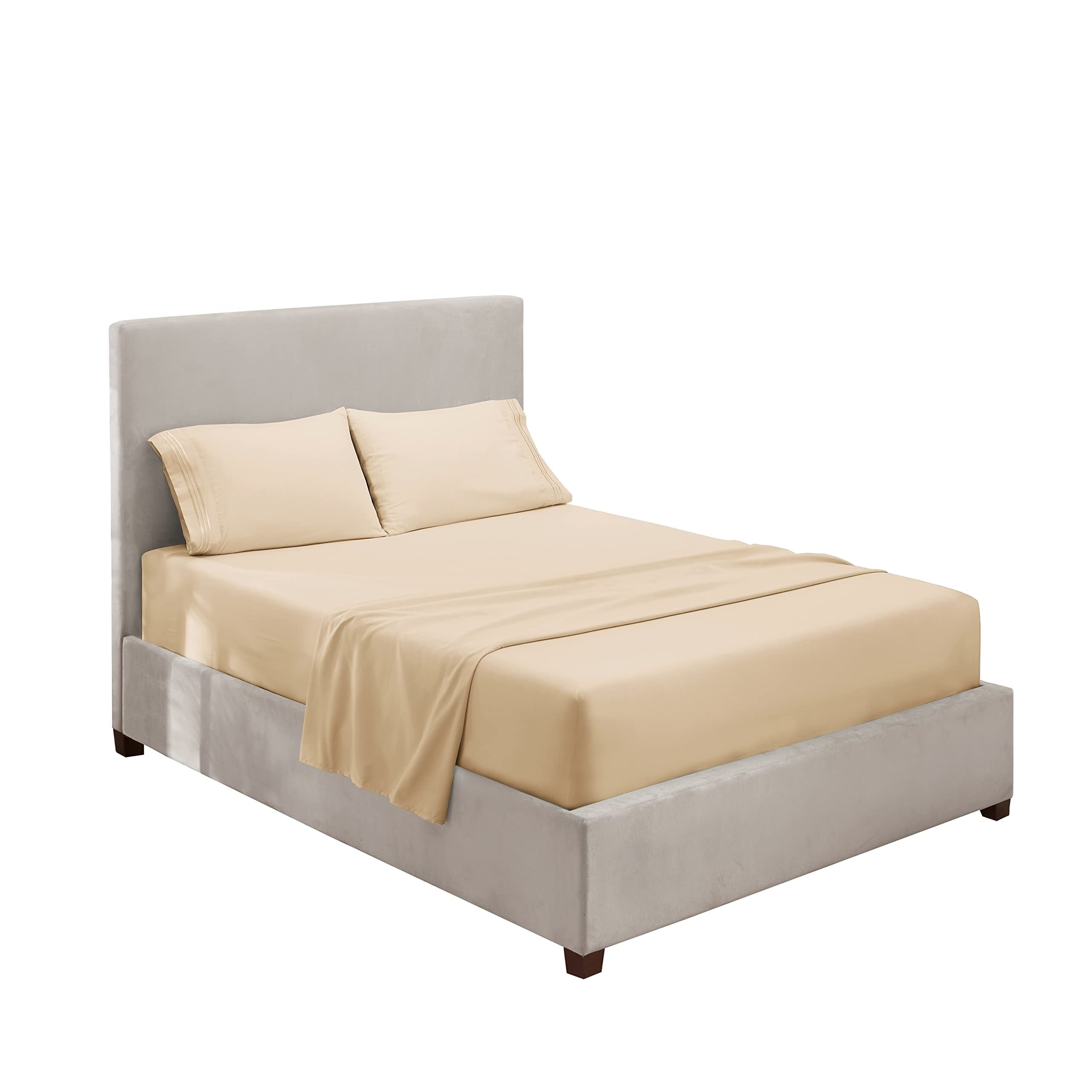 3/4pcs Beige Synthetic Fiber Sheet Set, Soft Brushed Microfiber Luxury Bedding Set, Suitable for Bedroom Rooms, Including 1 Sheet + 1 Sheet + 1/2 Pillowcase (Without Pillow Core), Deep Pockets, Easy to Care For, Not Fading An