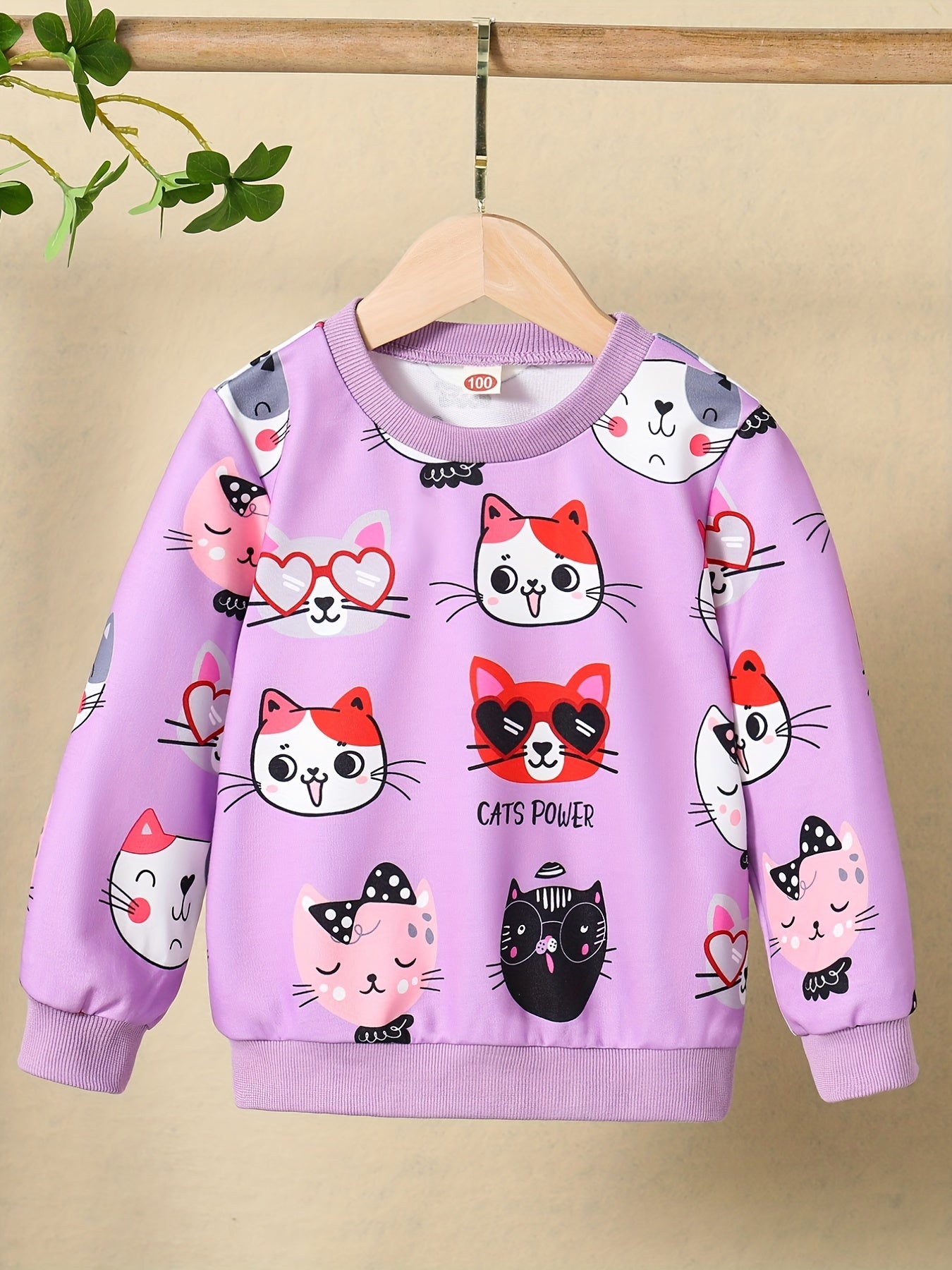 HWMFSNHFZ Girls' Lightweight Long Sleeve Cartoon Cat Print Sweatshirt - Soft Pink Crew Neck Casual Pullover for Spring & Fall, All-Season Comfort, Cute Sweaters