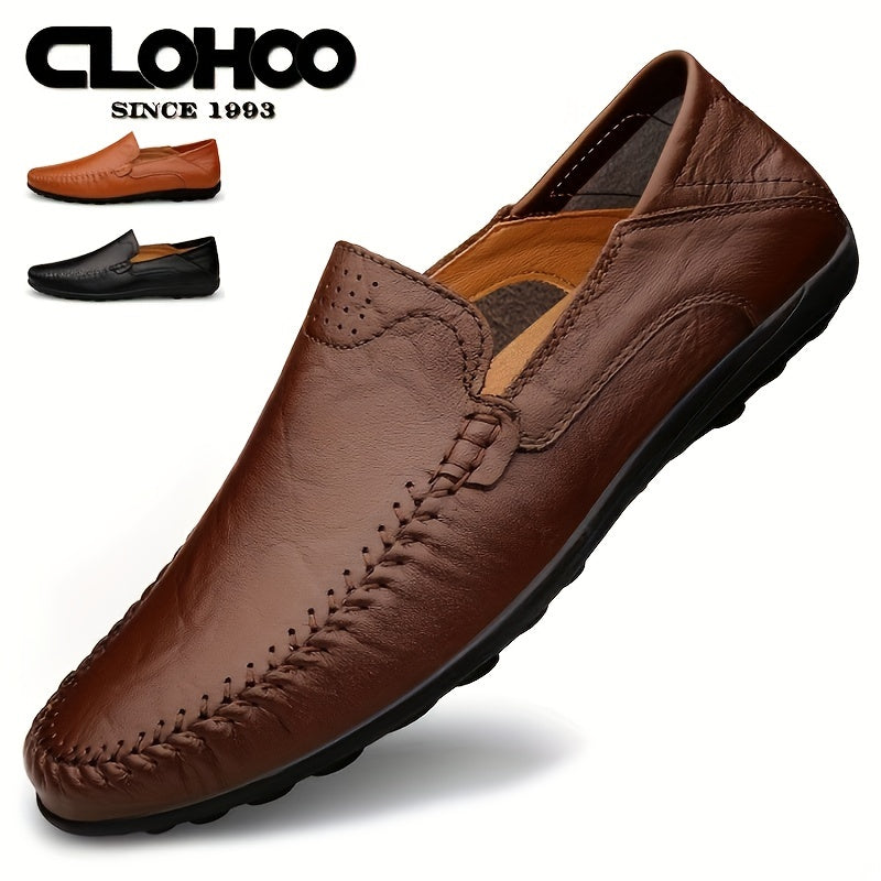 CLOHOO Men's Genuine -like Upper Slip-On Dress Loafers - All-Season Round-Toe Business Casual Shoes with PU, Brown/Black, Durable Rubber Sole for Office, Vacation & Formal Wear (No Laces/Ties)