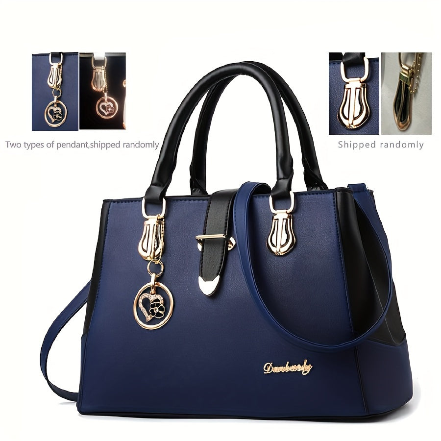 Women's Letter Detail Shoulder Bag, Elegant Double Handle Purse, Simple Large Handbag For Work