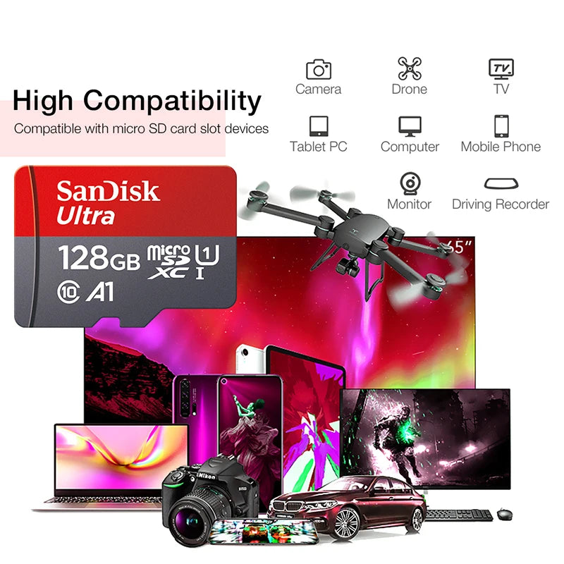 TFcard 64GB 16GB 32GB Memory Card 128GB Class 10 Microsd SD Card 100MB/S UHS-I A1 Card + Adapter for Phone/PC Standard Shippin