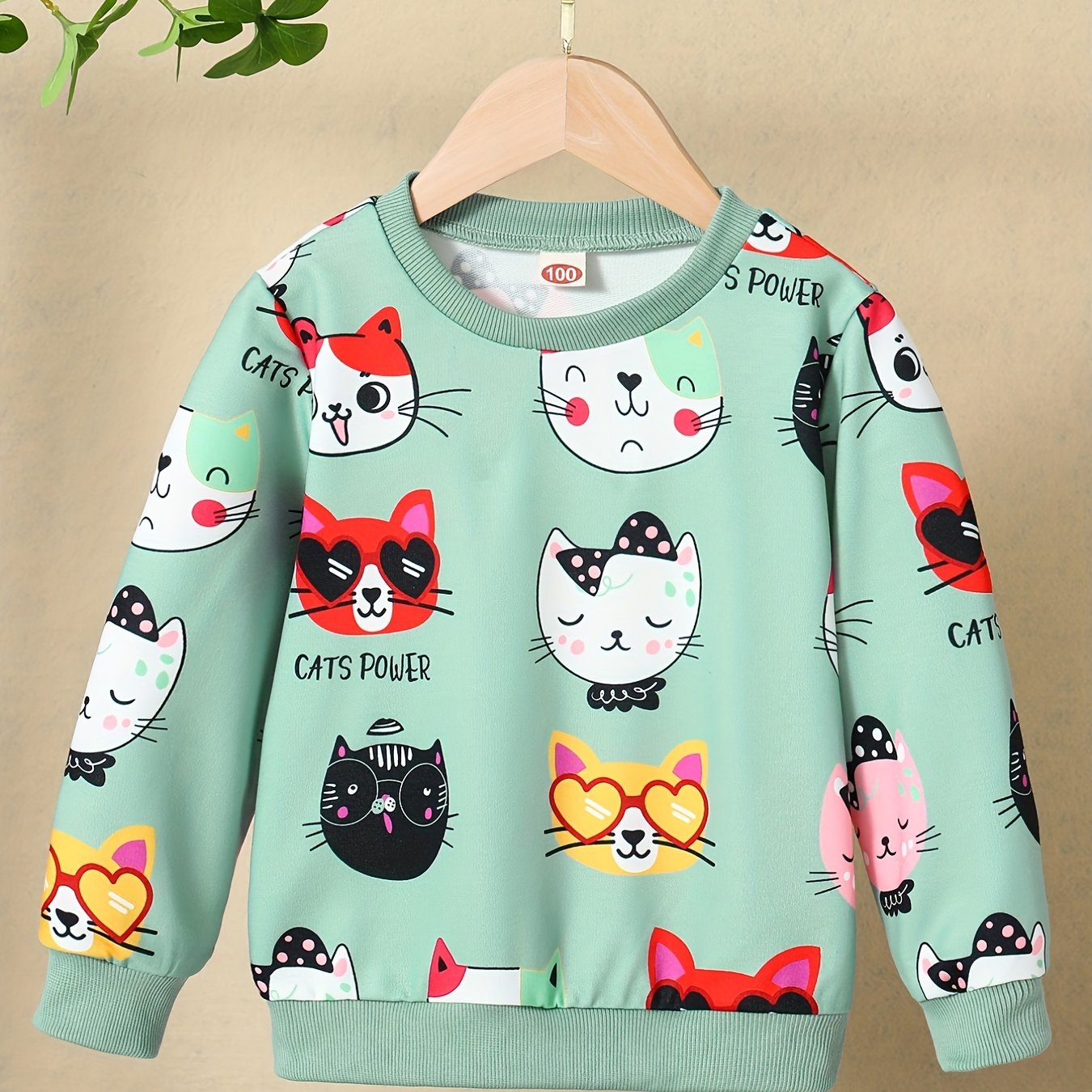 HWMFSNHFZ Girls' Lightweight Long Sleeve Cartoon Cat Print Sweatshirt - Soft Pink Crew Neck Casual Pullover for Spring & Fall, All-Season Comfort, Cute Sweaters