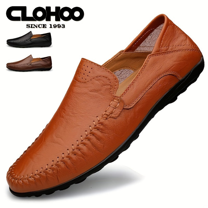 CLOHOO Men's Genuine -like Upper Slip-On Dress Loafers - All-Season Round-Toe Business Casual Shoes with PU, Brown/Black, Durable Rubber Sole for Office, Vacation & Formal Wear (No Laces/Ties)