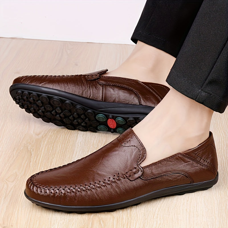 CLOHOO Men's Genuine -like Upper Slip-On Dress Loafers - All-Season Round-Toe Business Casual Shoes with PU, Brown/Black, Durable Rubber Sole for Office, Vacation & Formal Wear (No Laces/Ties)