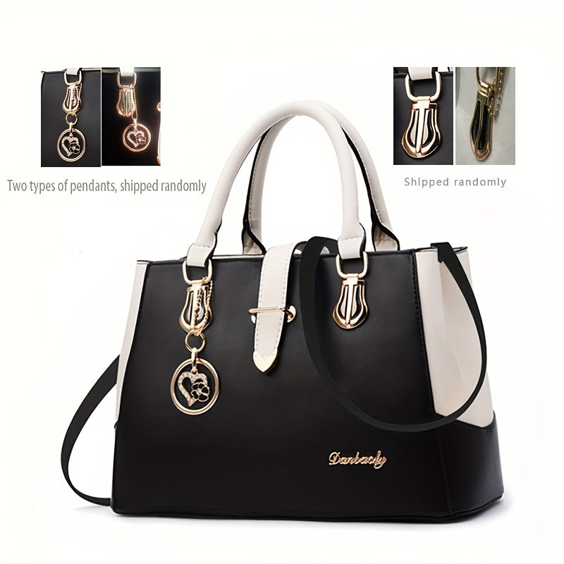 Women's Letter Detail Shoulder Bag, Elegant Double Handle Purse, Simple Large Handbag For Work