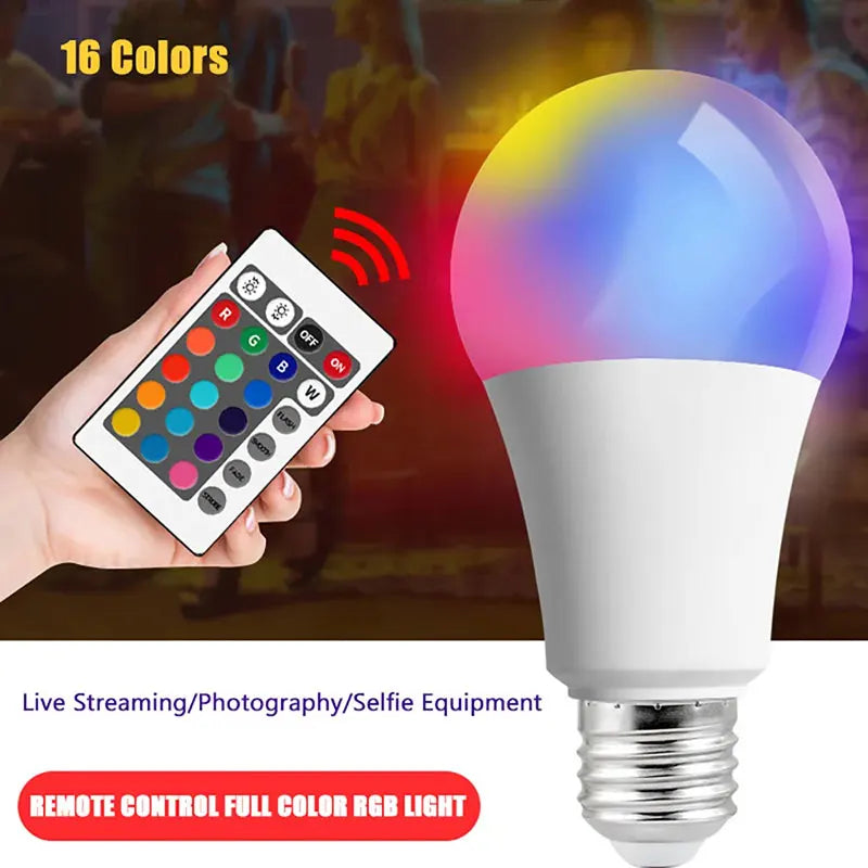 16 Colors RGB Bulb LED Multicolor Bulb E27 Base 220V Household Lighting Dimmable 24 Key Remote Control Atmosphere Neon Light