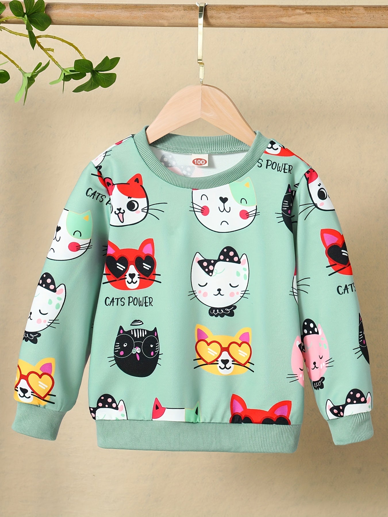HWMFSNHFZ Girls' Lightweight Long Sleeve Cartoon Cat Print Sweatshirt - Soft Pink Crew Neck Casual Pullover for Spring & Fall, All-Season Comfort, Cute Sweaters