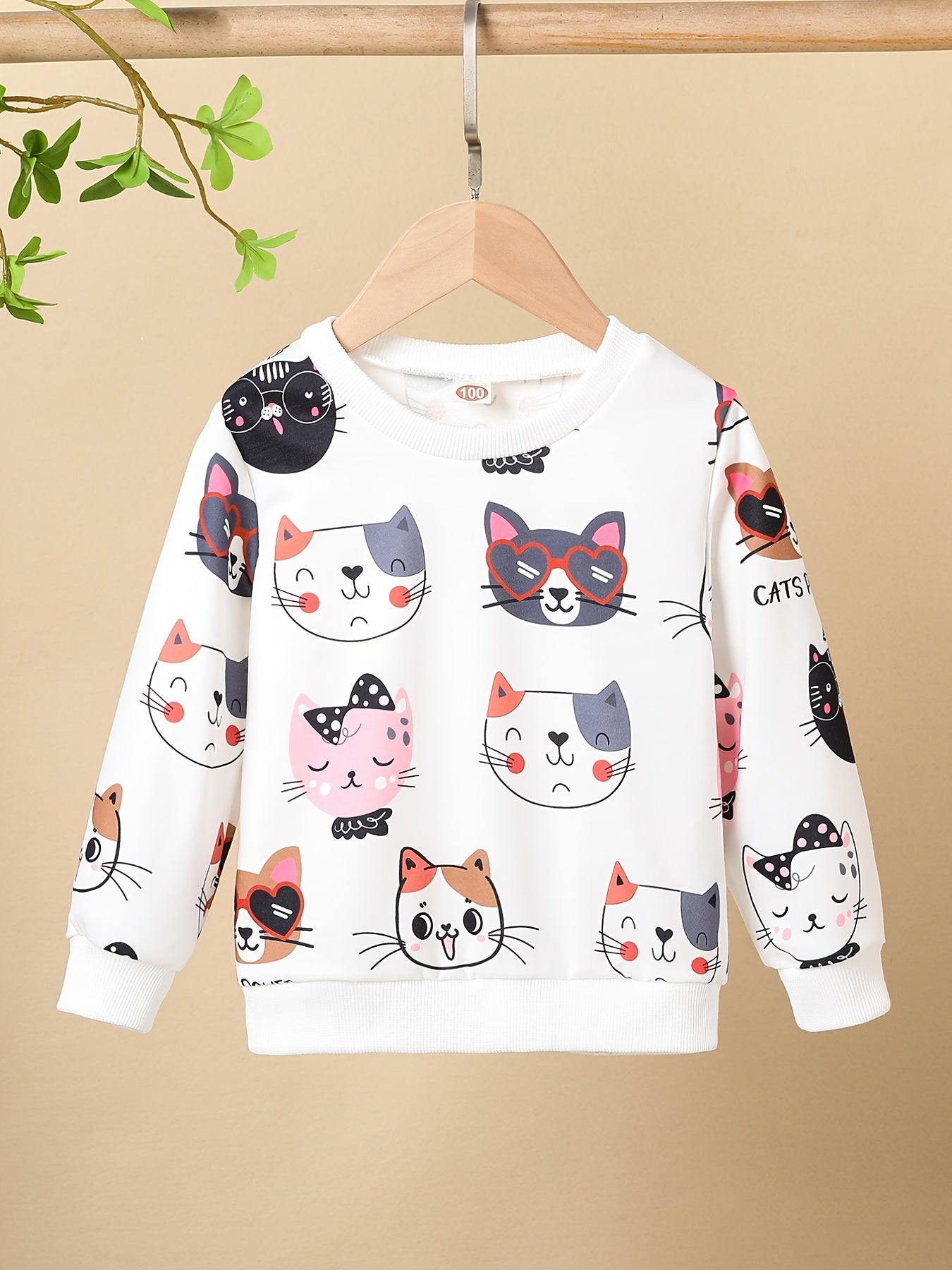 HWMFSNHFZ Girls' Lightweight Long Sleeve Cartoon Cat Print Sweatshirt - Soft Pink Crew Neck Casual Pullover for Spring & Fall, All-Season Comfort, Cute Sweaters