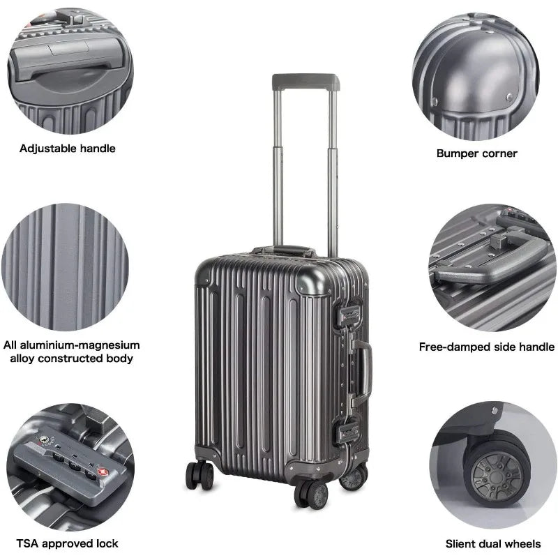 All Aluminum Carry On Luggage With TSA Locks Fashion Cool Metal Hard Shell Spinner Suitcase (Grey, 20 Inch)