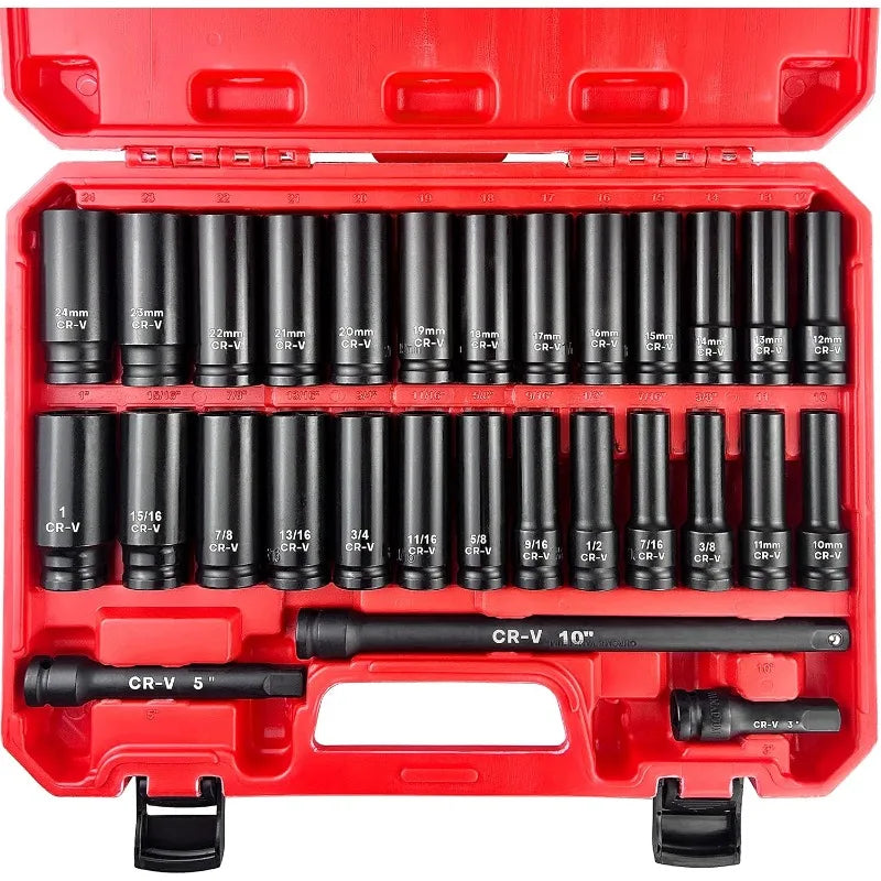 29pcs 1/2" Socket Set, Drive Deep Impact Socket Set, Including 3 ", 5", 10" Impact Extension Bar, Standard SAE (3/8 "- 1")