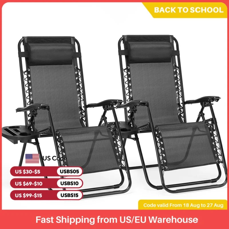 JHK Zero Gravity Set of 2 Portable Recliner Camping Patio Outdoor Garden Lounge Chair with Cup Holder Trays Adjustable Pillow