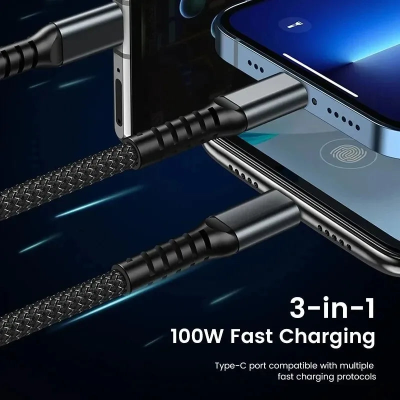 3 In 1 100W Type C Cable Digital Display PD Fast Charging Cable USB C For iPhone Xiaomi Samsung Huawei Micro Usb C Cable Wire
