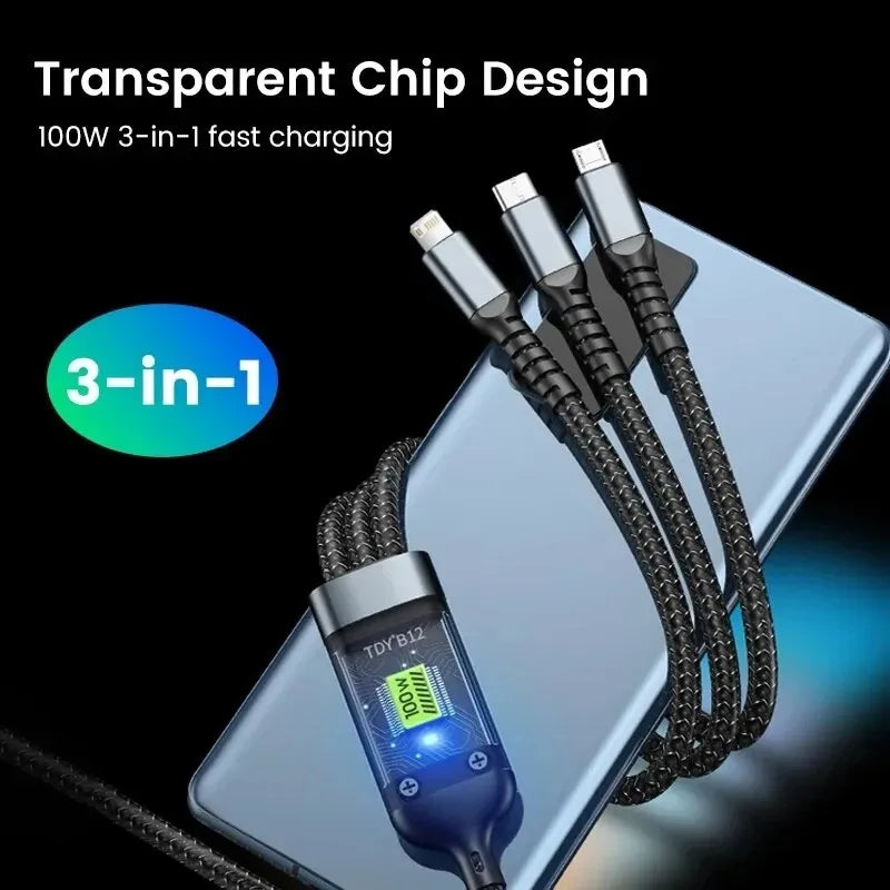3 In 1 100W Type C Cable Digital Display PD Fast Charging Cable USB C For iPhone Xiaomi Samsung Huawei Micro Usb C Cable Wire