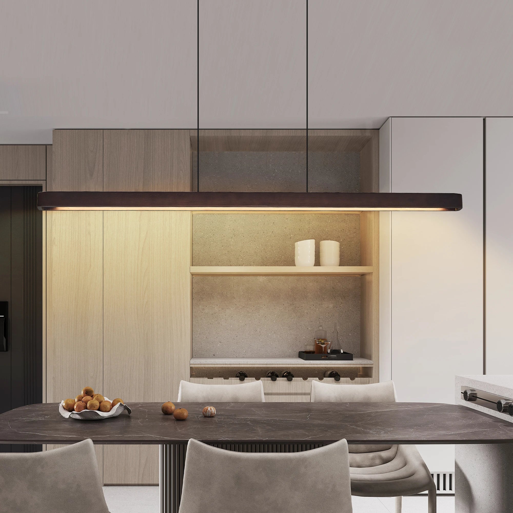 51" Wood Linear LED Pendant Light Wood Dining Room Light Fixture Walnut Modern Pool Table Kitchen Island Lights