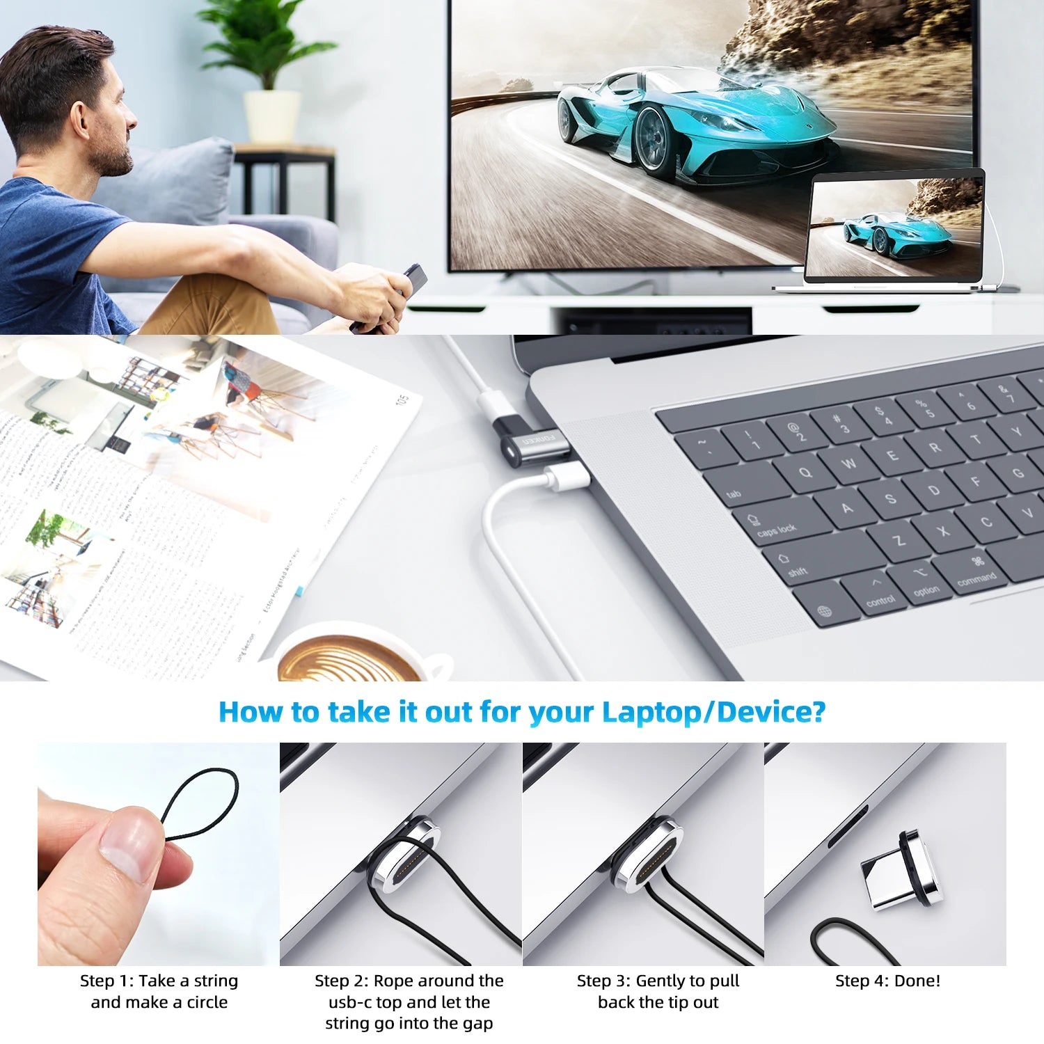 FONKEN Usb 3.1 C Magnetic Adapter 100W Type C Cable To Usbc 24-Pin 10Gbs Data Transfer 4K Video Monitor for Macbook Connector