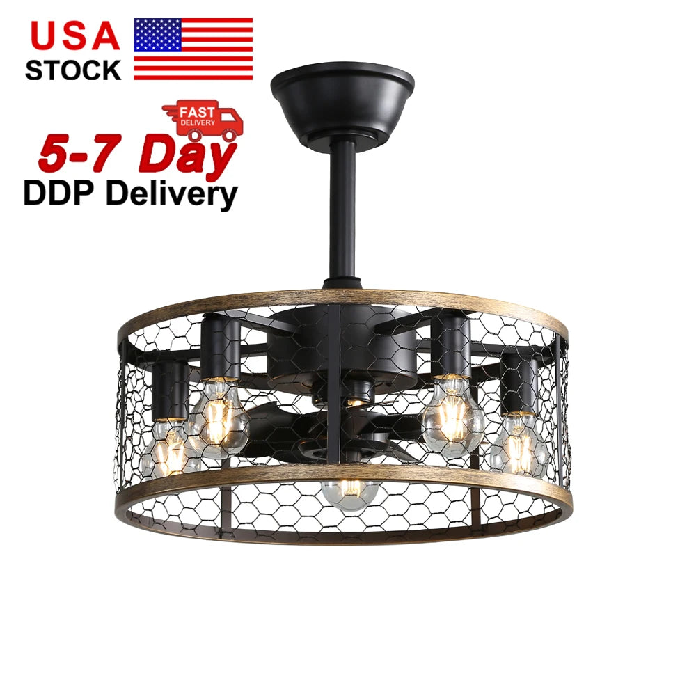 USA in Stock E26 20 Inch 7 ABS Blade Cage Ceiling Fan Simple Mute Ceiling Fan Light With Remote Control