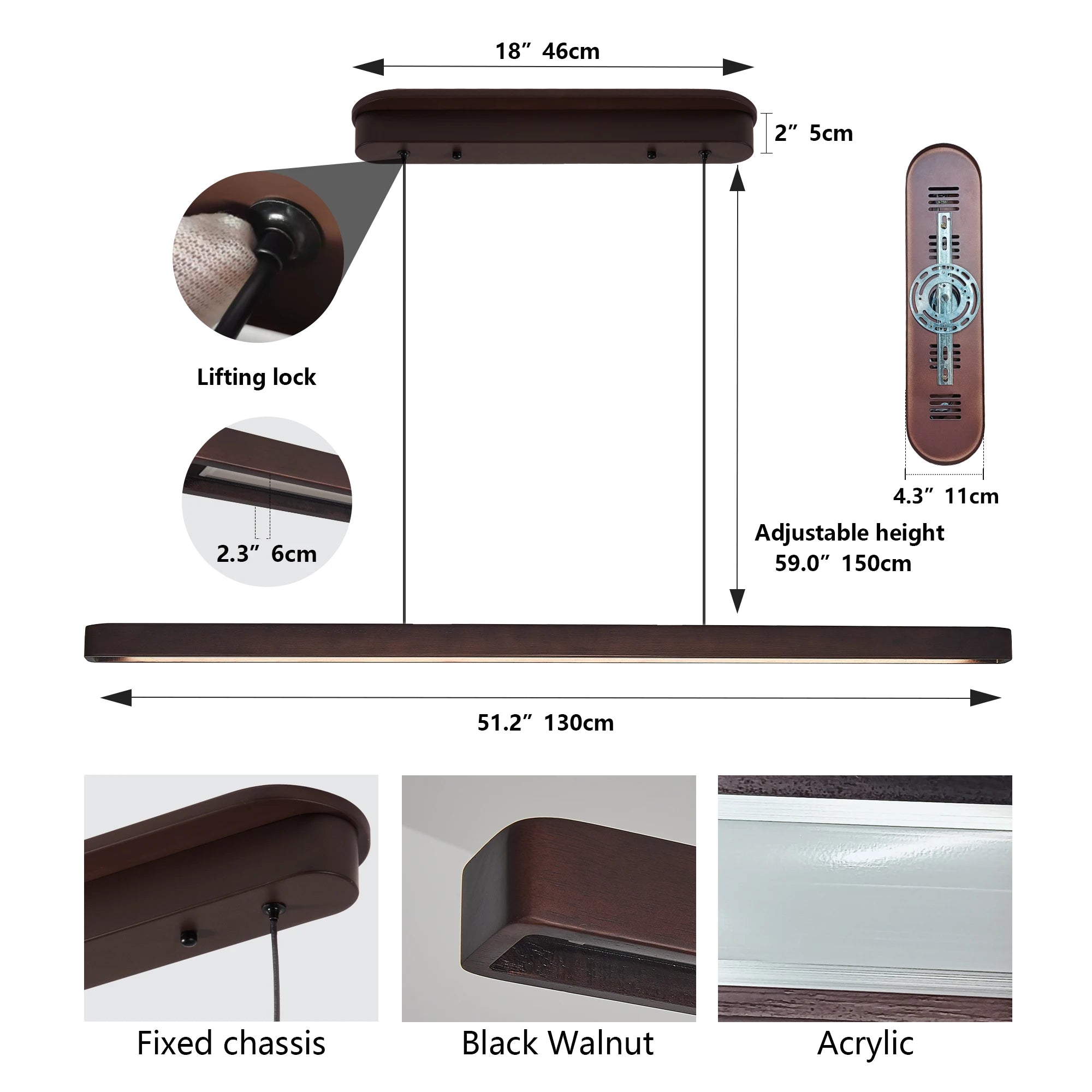 51" Wood Linear LED Pendant Light Wood Dining Room Light Fixture Walnut Modern Pool Table Kitchen Island Lights