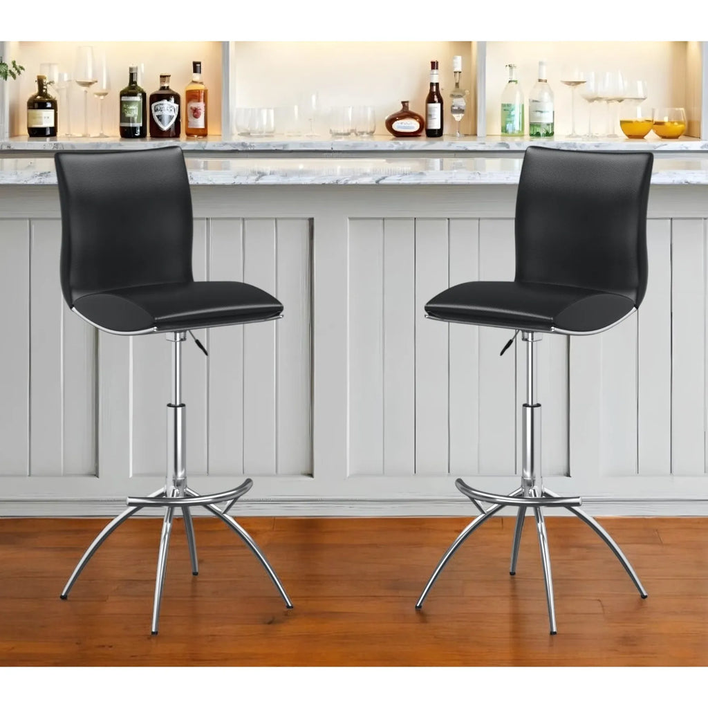 Set of Two Black and Silver Faux Leather and Metal Low Back Adjustable Height Bar Stools HMS Model