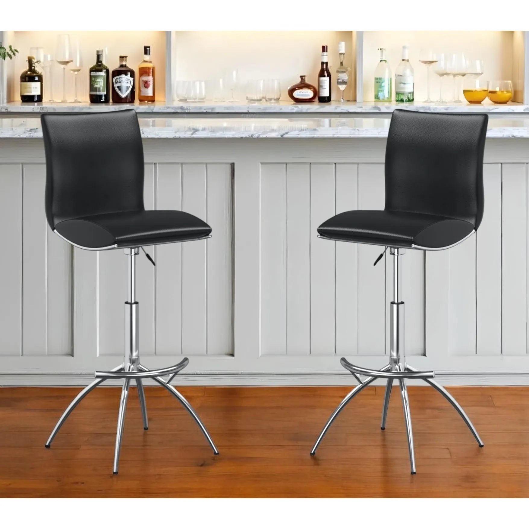 Set of Two Black and Silver Faux Leather and Metal Low Back Adjustable Height Bar Stools HMS Model