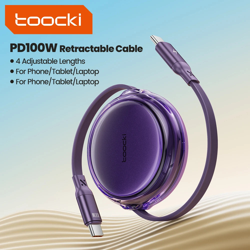 Toocki Retractable 100W Type C Cable For iPhone 15 16 Pro Max Macbook PD Fast Charging USB C To USB C Data Cord For Xiaomi 15 14