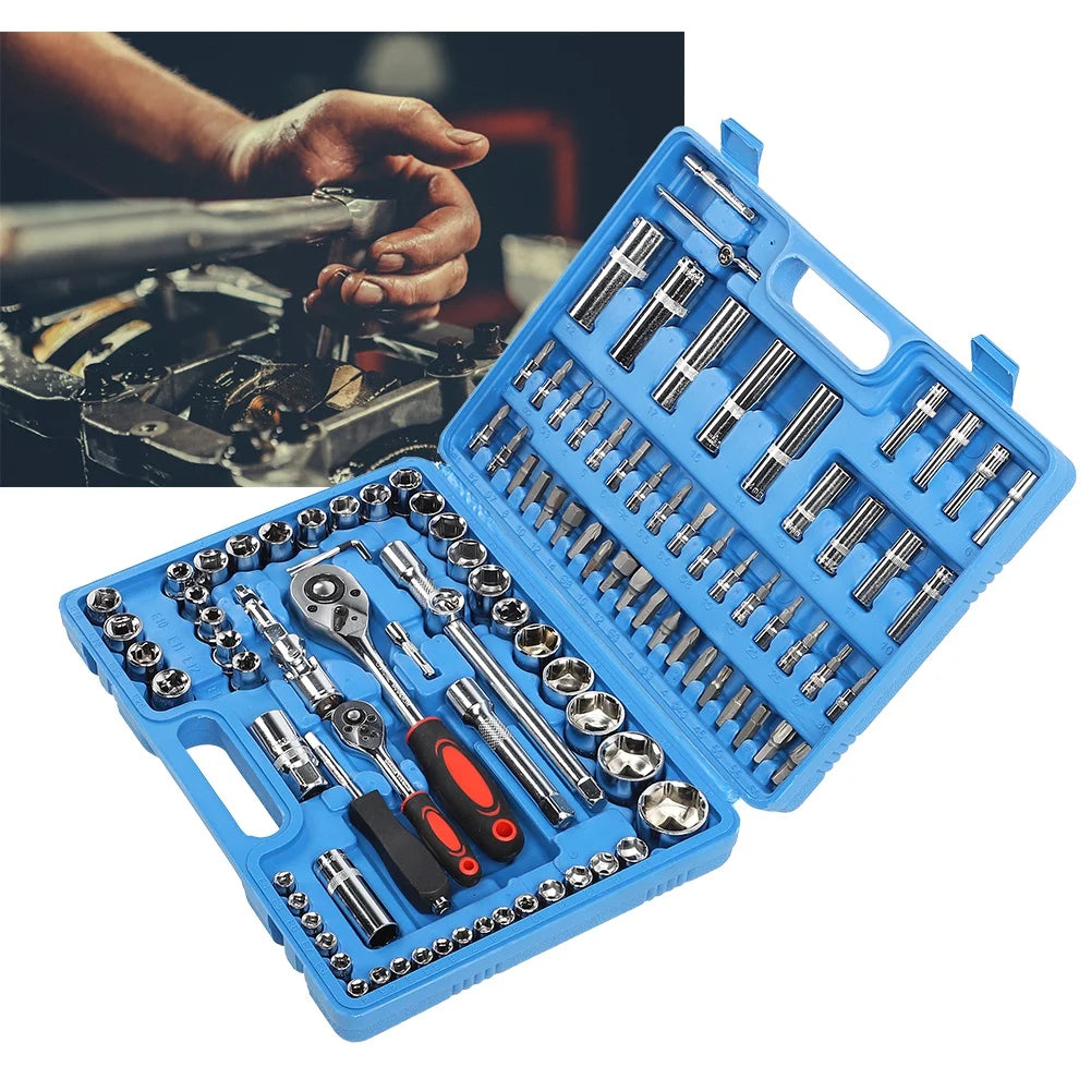 108Pcs Ratchet Wrench Set 1/4in 1/2in CR40 Steel Socket Set Tool Case Box Hex Extension Socket Hand Tools Kits Screwdriver Bits