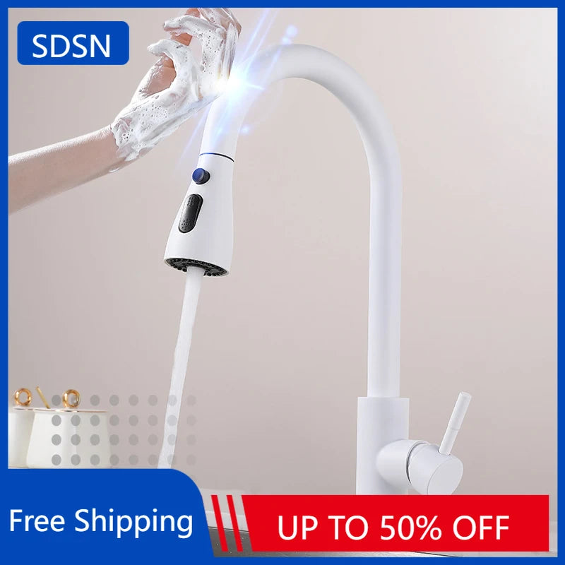 White Touch on Kitchen Sink Faucets 3 Ways Sprayer Hot Cold Pull Out Kitchen Sink Mixer Tap Smar Sensor Touch Kitchen Faucet Tap