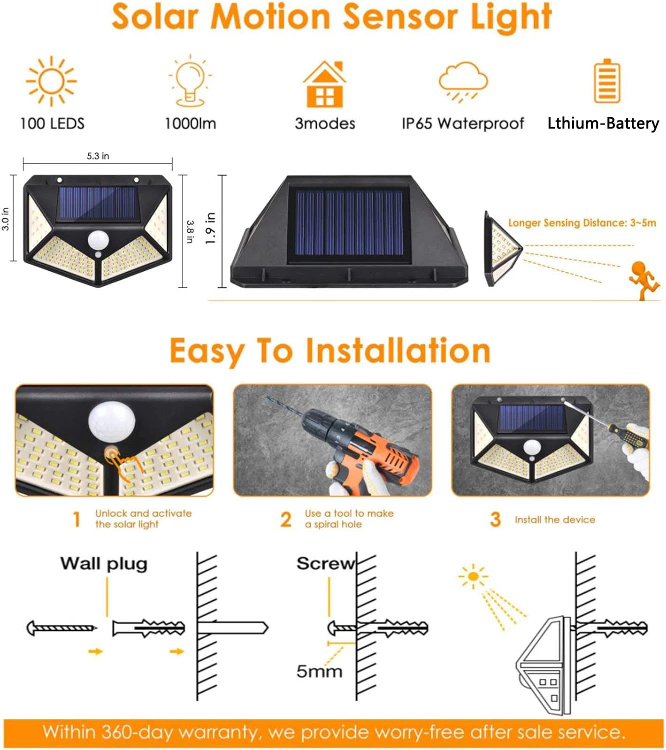Solar Light 100LED Solar Flood Lights 3 Modes Outdoor Solar Motion Security Light Waterproof for Garden Patio Garage Wall Light