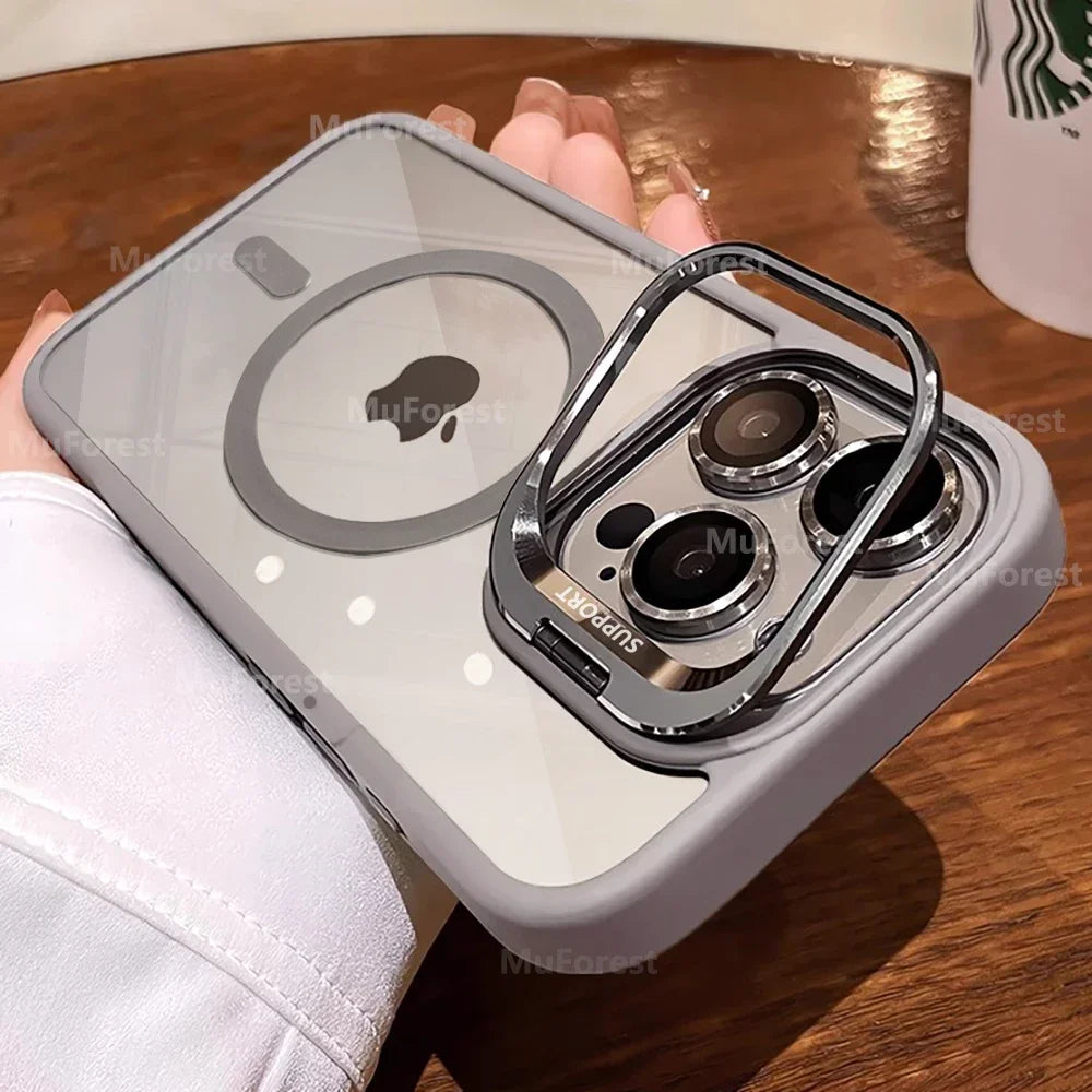 Luxury Cases For iPhone 16 15 14 13 12 11 Pro Max Plus For Magsafe Magnetic PC Hard Stand Holder Glass Lens Protection Cover