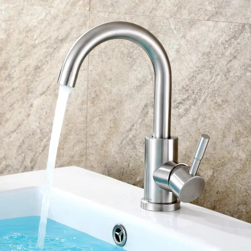 Stainless Steel Hot and Cold Water Mixer Tap, Single Handle Bathroom Faucets, Deck Mounted, Household WashBasin Sink Tap