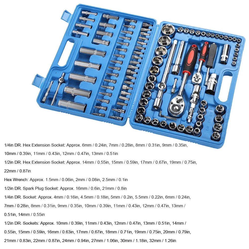 108Pcs Ratchet Wrench Set 1/4in 1/2in CR40 Steel Socket Set Tool Case Box Hex Extension Socket Hand Tools Kits Screwdriver Bits