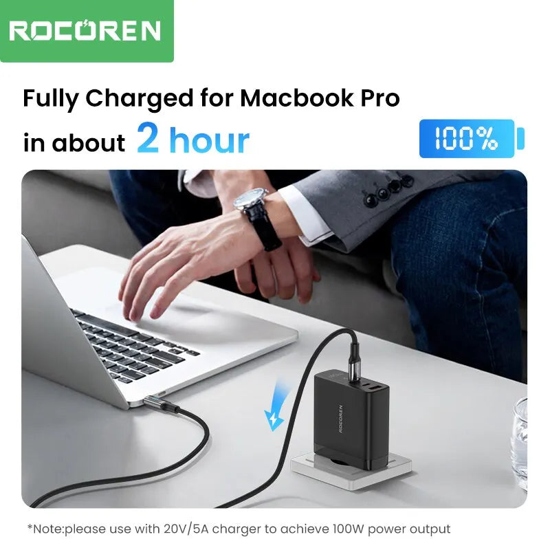 Rocoren PD 100W Type C Cable LED Display 5A Fast Charging Charger Wire Cord For Macbook Xiaomi POCO Samsung Type-C USBC Cable 2M