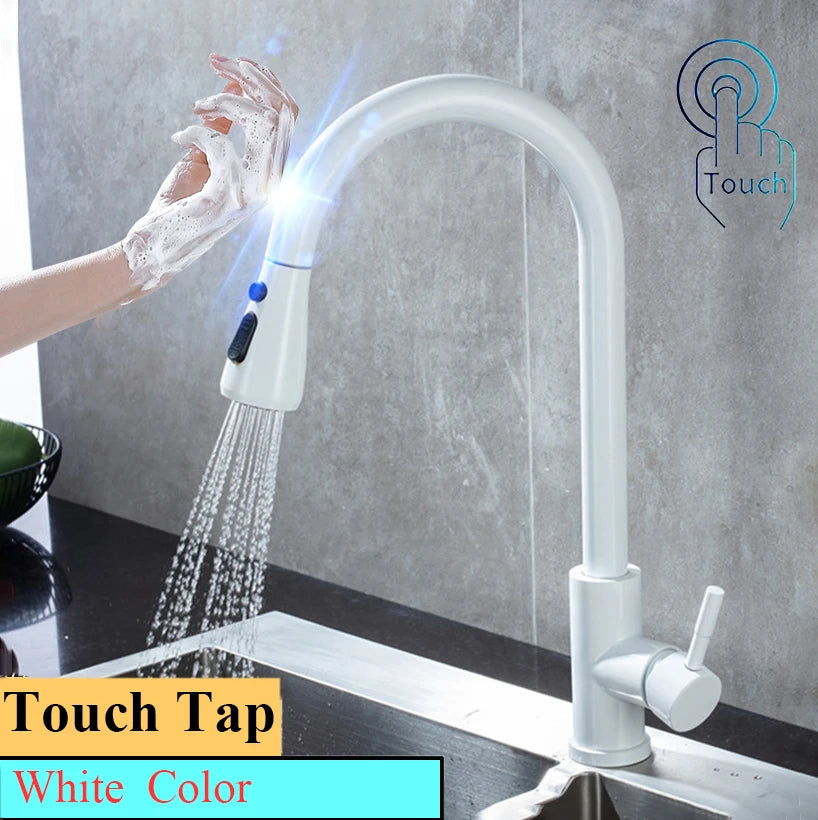 White Touch on Kitchen Sink Faucets 3 Ways Sprayer Hot Cold Pull Out Kitchen Sink Mixer Tap Smar Sensor Touch Kitchen Faucet Tap