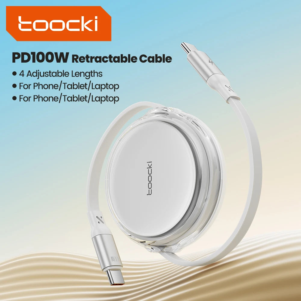 Toocki Retractable 100W Type C Cable For iPhone 15 16 Pro Max Macbook PD Fast Charging USB C To USB C Data Cord For Xiaomi 15 14
