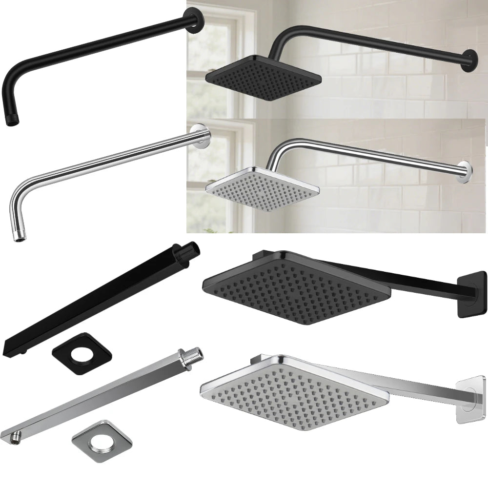 Wall Mounted Metal Black Rainfall Shower Head Extension Arm Stainless Steel Square/Round Pipe 30/40cm for Fixed Showerhead  ﻿