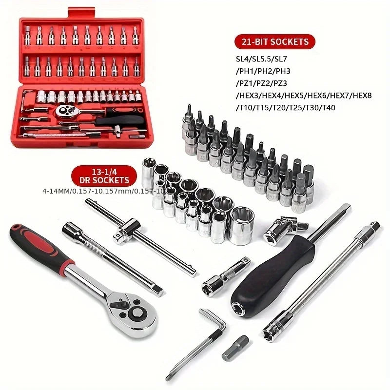 46 Pieces Of Car Repair Tool Set Multifunctional Car Repair Toolbox Ratchet Wrench Socket Combination Sleeve Tools Motorcycle
