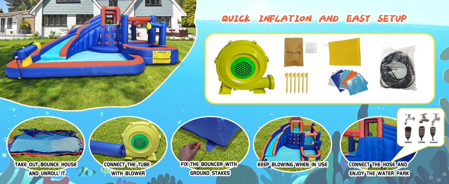 Hapcap Combo Inflatable Bounce House Kids Jumping Castle with Big Curved Slide,2 Climbing Walls,with Air Blower