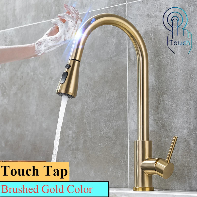 White Touch on Kitchen Sink Faucets 3 Ways Sprayer Hot Cold Pull Out Kitchen Sink Mixer Tap Smar Sensor Touch Kitchen Faucet Tap