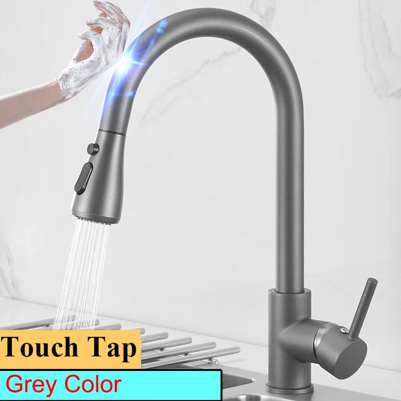 White Touch on Kitchen Sink Faucets 3 Ways Sprayer Hot Cold Pull Out Kitchen Sink Mixer Tap Smar Sensor Touch Kitchen Faucet Tap